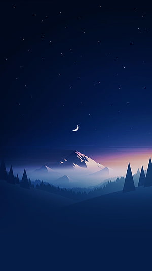 Minimalist Night Mountain Landscape with Crescent Moon and Starry Sky HD phone wallpaper