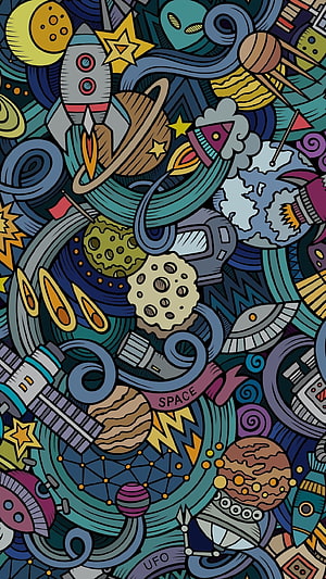 Colorful Retro Space Illustration With Rockets, Planets, and Astronauts HD phone wallpaper