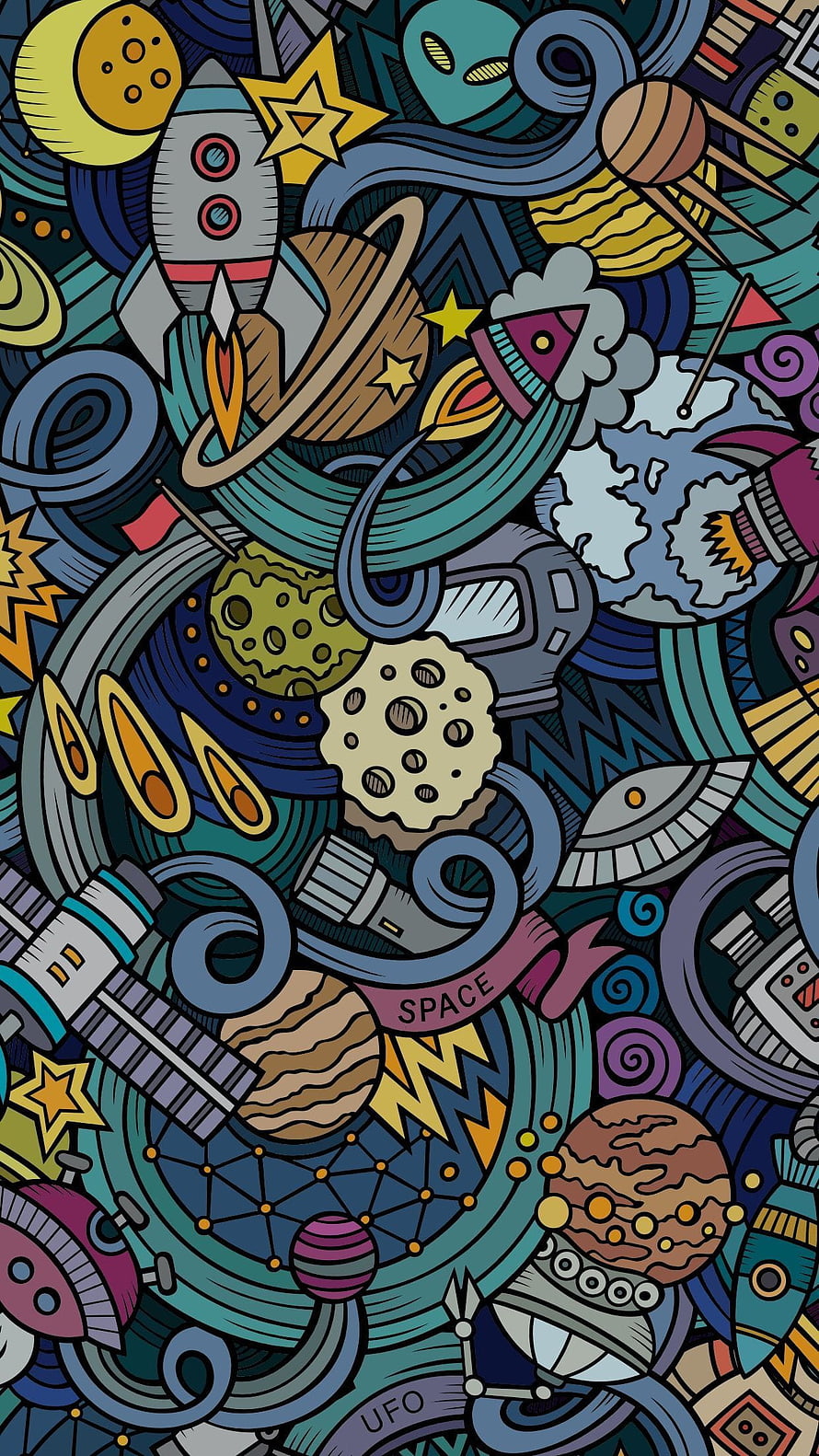 Colorful Retro Space Illustration With Rockets, Planets, and Astronauts HD phone wallpaper