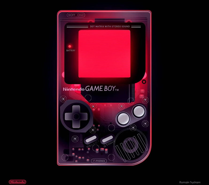 Translucent Red Nintendo Game Boy Concept Art with Circuit Board Design HD wallpaper