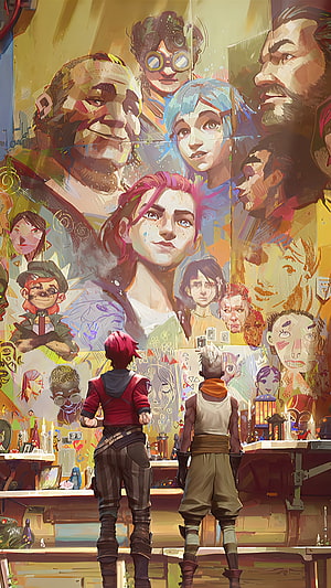 Two adventurers stand before a vibrant mural of diverse fantasy characters in a warm, artistic workshop setting HD phone wallpaper