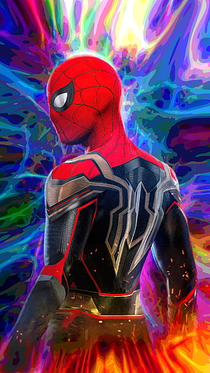 Spider-Man Far From Home Iron Spider Suit Back View With Multicolor Abstract Background, Spiderman, marvel, avengers, Multiverse, No Way Home HD phone wallpaper