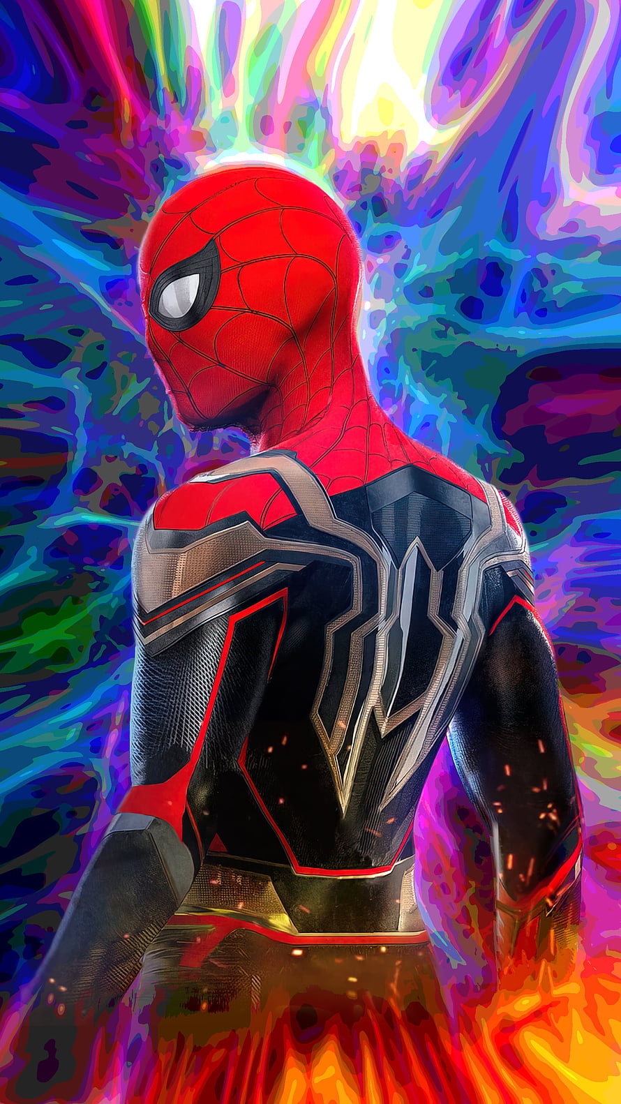 Spider-Man Far From Home Iron Spider Suit Back View With Multicolor Abstract Background, Spiderman, marvel, avengers, Multiverse, No Way Home HD phone wallpaper