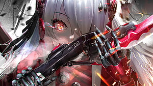 Lucia from Punishing Gray Raven in Cyberpunk Mecha Armor with Glowing Red Eye HD wallpaper
