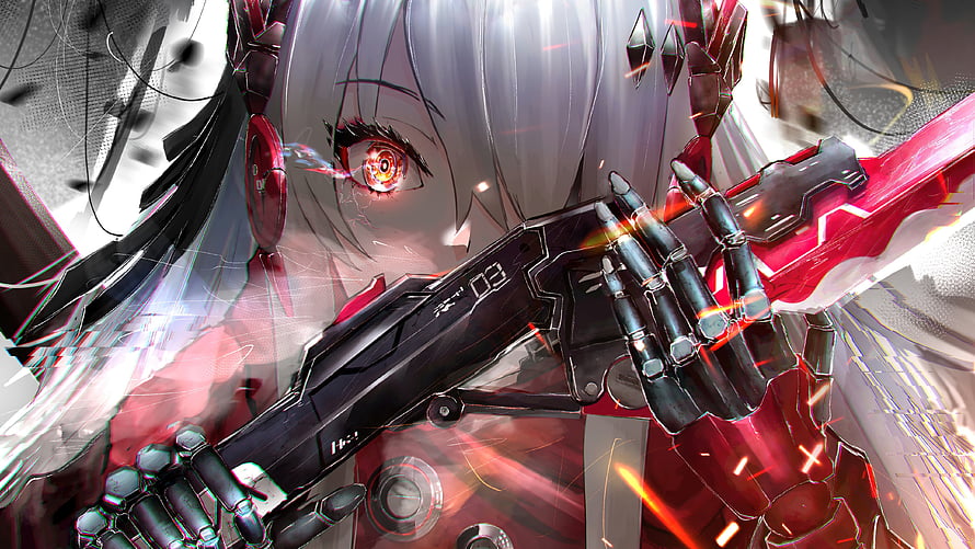 Lucia from Punishing Gray Raven in Cyberpunk Mecha Armor with Glowing Red Eye HD wallpaper