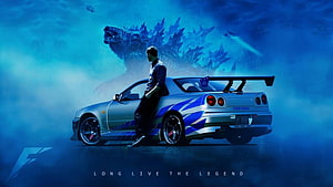 Nissan Skyline GT-R R34 Godzilla with Godzilla Monster Background HD wallpaper