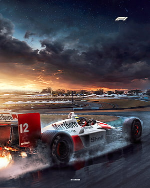 McLaren MP4/4 Formula 1 Race Car Drifting on Wet Track at Sunset HD phone wallpaper