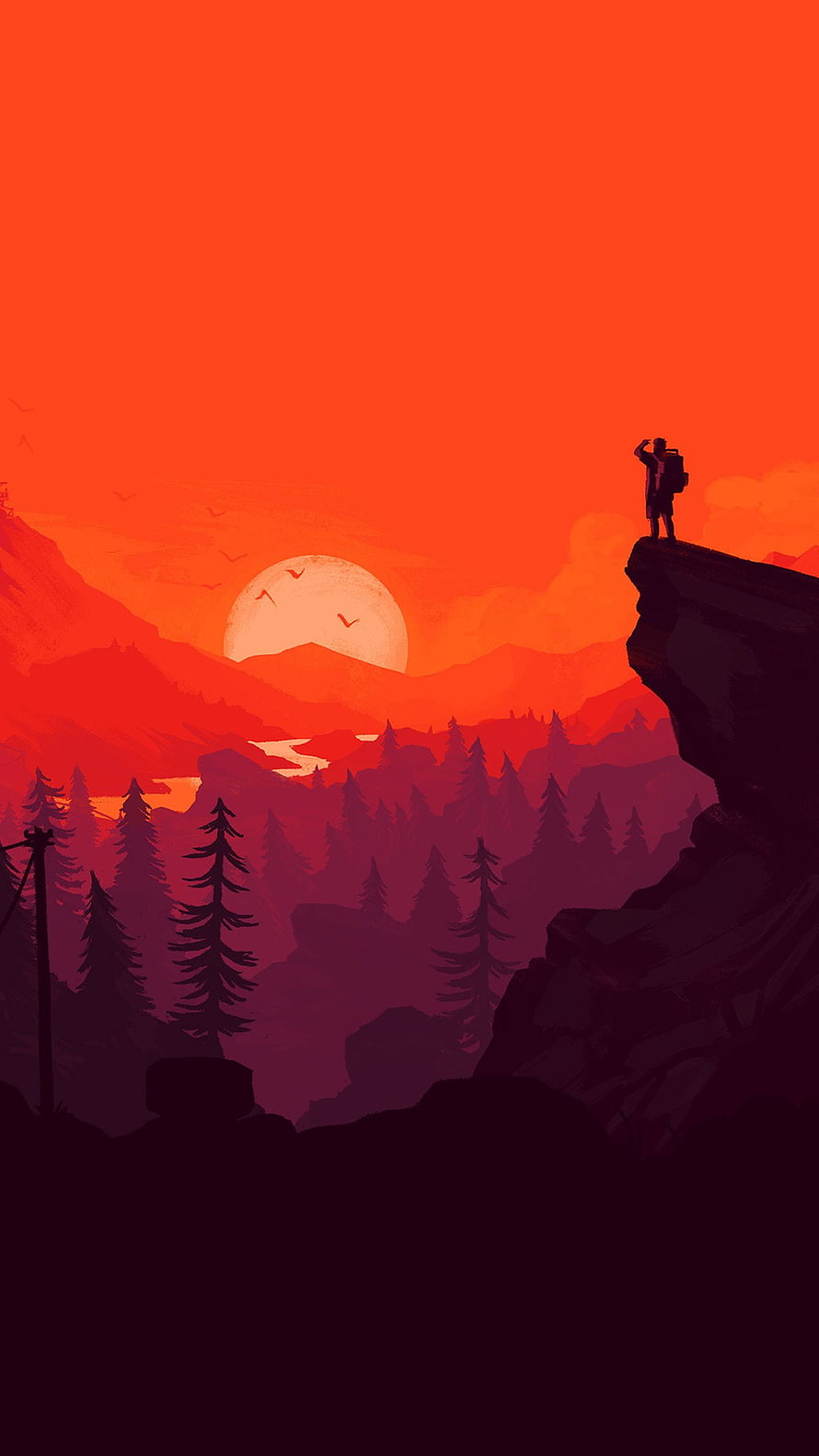 Hiker Silhouette on Cliff Edge at Sunset with Pine Forest and Mountains HD phone wallpaper