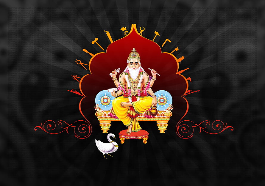 Lord Brihaspati Hindu God Illustration with Swan Vahana and Architectural Tools HD wallpaper