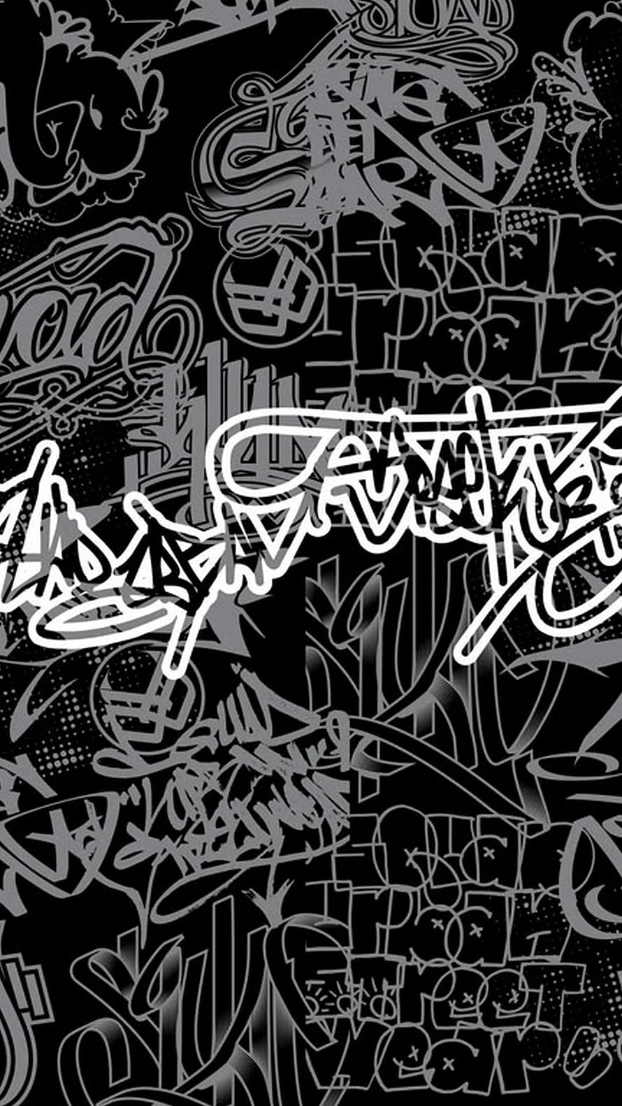 Monochrome Street Art Graffiti Wall with Bold White Tag and Dense Urban Doodle Pattern HD phone wallpaper