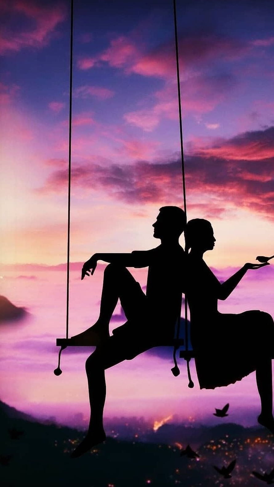Silhouette of a couple sitting on swings against a vibrant pink and purple sunset sky with city lights below HD phone wallpaper