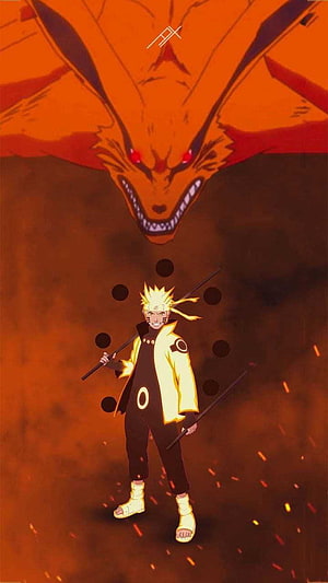 Naruto Uzumaki in Kurama Mode with Nine-Tails Fox Aura and Chakra HD phone wallpaper