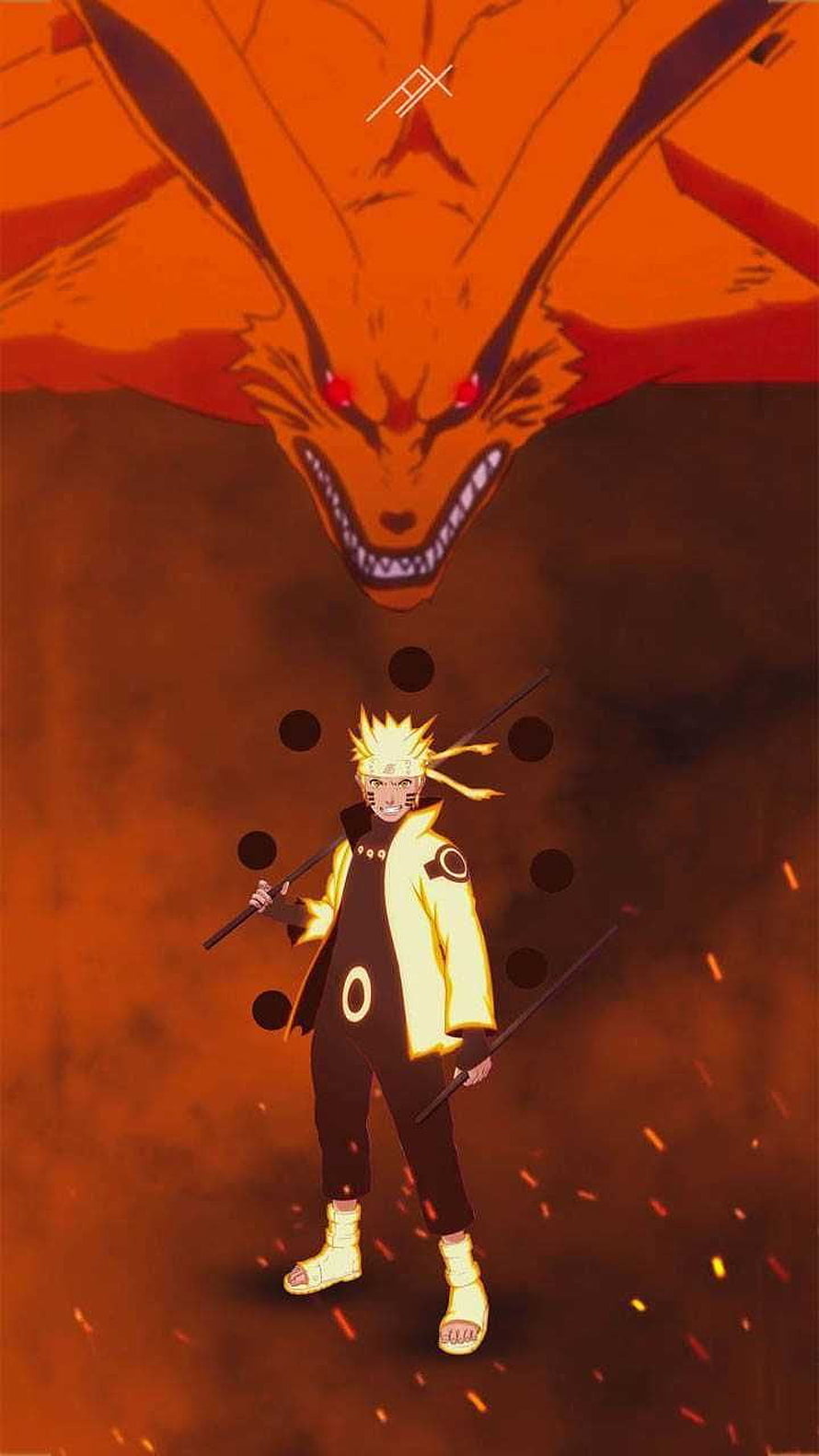 Naruto Uzumaki in Kurama Mode with Nine-Tails Fox Aura and Chakra HD phone wallpaper
