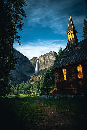 Historic Church and Waterfall in Yosemite Valley at Dusk HD phone wallpaper