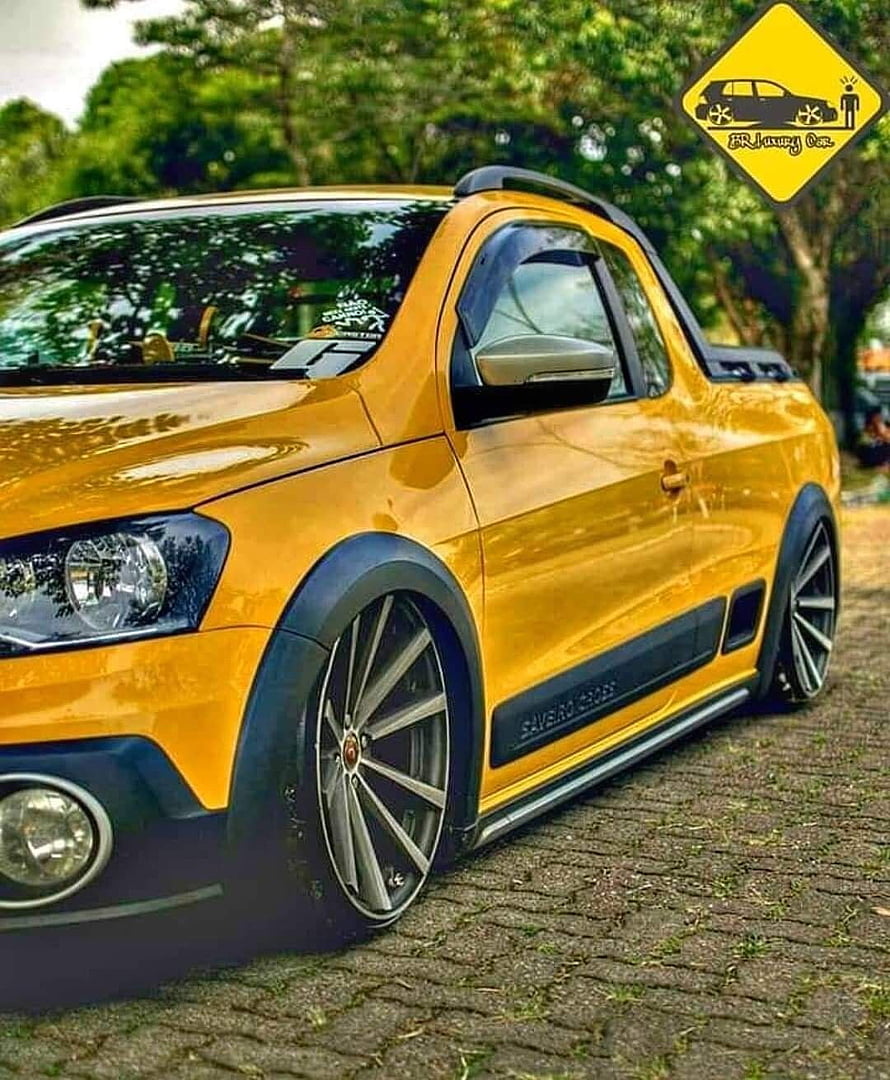 Customized Yellow VW Saveiro Pickup With Stance Wheels And Black Fender Flares HD phone wallpaper