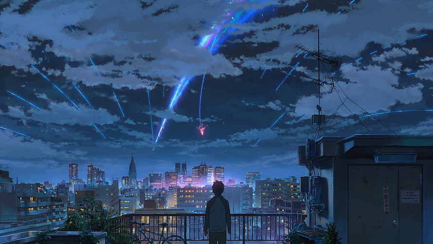 Your Name Anime Scene: Boy Watching Comet Over Tokyo Cityscape at Night HD wallpaper