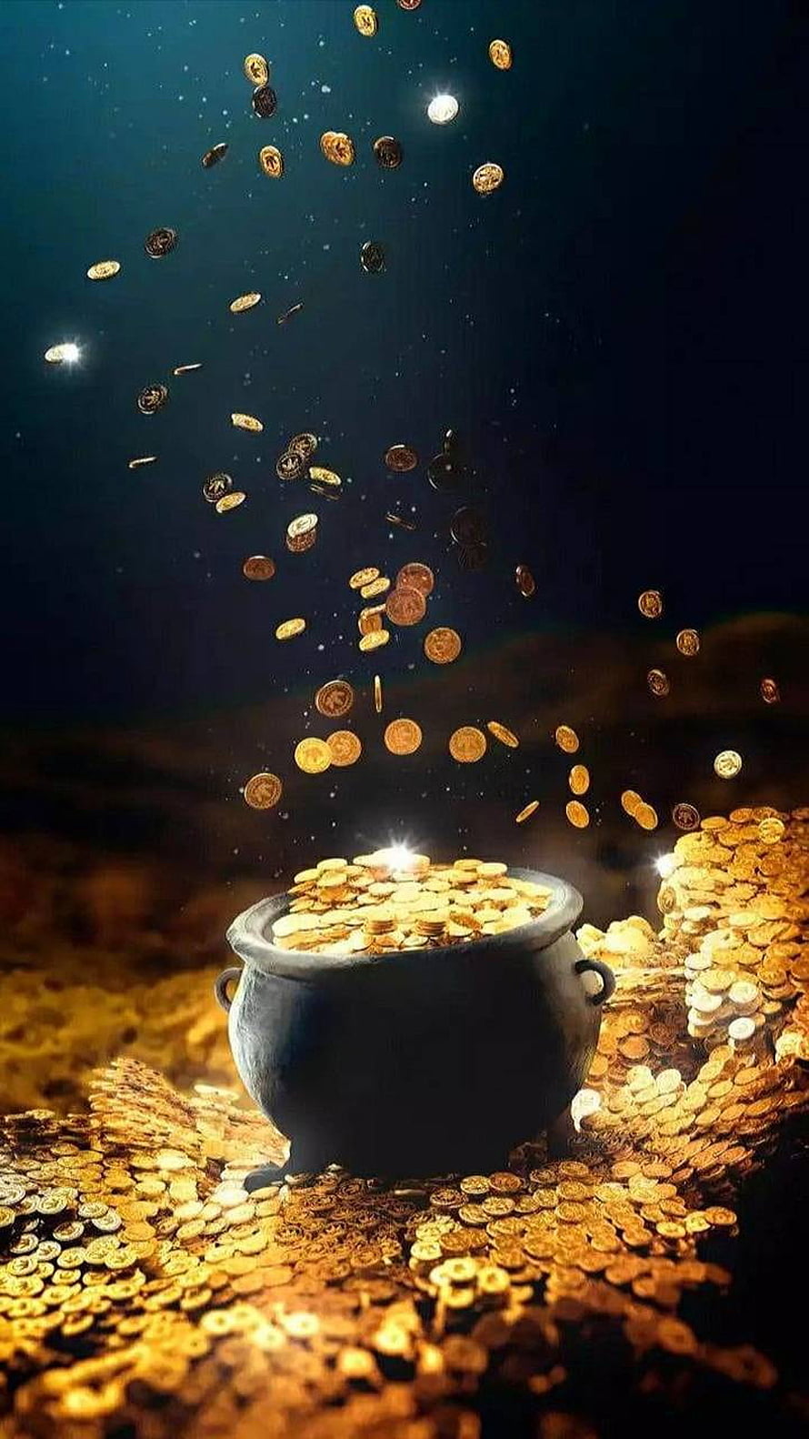 Magical Pot Overflowing with Flying Gold Coins in a Dark Fantasy Treasure Scene HD phone wallpaper