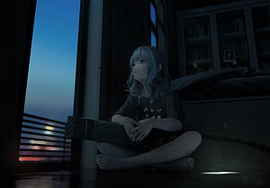 Hoshimachi Suisei Sitting by Window at Night in Dark Room Anime Illustration HD wallpaper