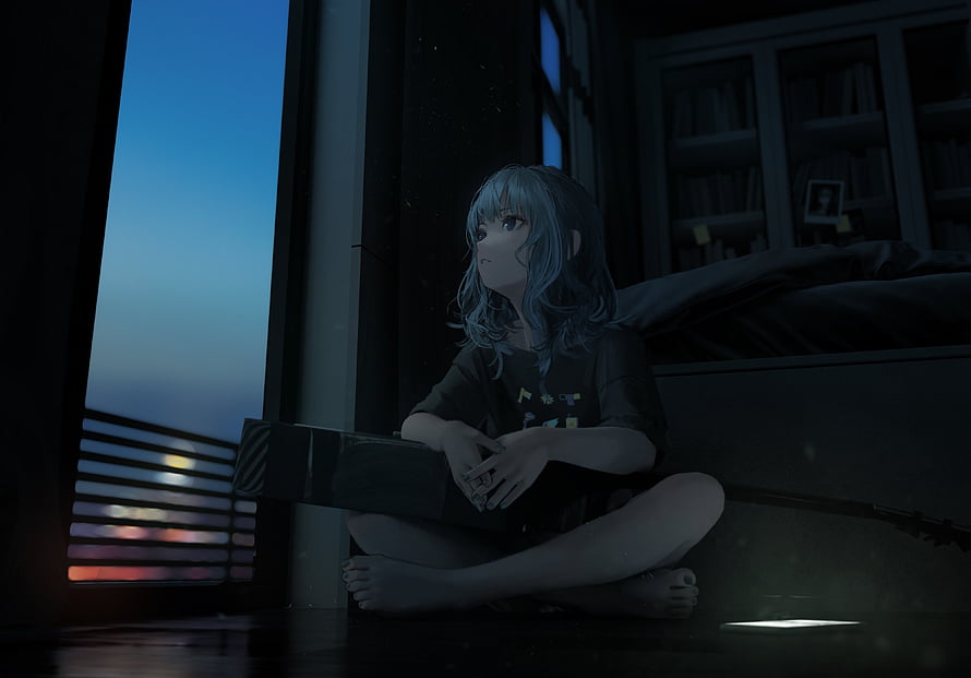 Hoshimachi Suisei Sitting by Window at Night in Dark Room Anime Illustration HD wallpaper