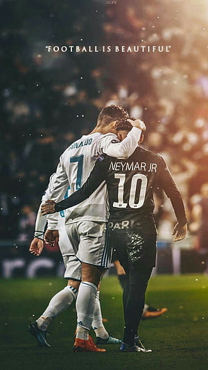 Cristiano Ronaldo and Neymar Jr embracing on the football pitch in a beautiful sports moment HD phone wallpaper