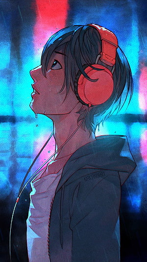 Anime Boy With Red Headphones In Neon Rain HD phone wallpaper