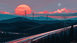 Vaporwave Sunset Over Highway With Power Lines And Mountains HD wallpaper