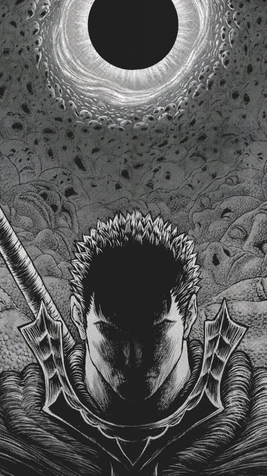 Guts from Berserk manga holding sword under dark eclipse with screaming faces background, Berserk Manga - For Tech, Guts HD phone wallpaper