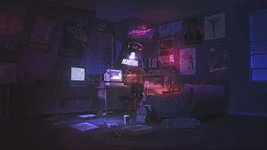 Neon-lit bedroom interior with retro computer setup, posters, and gaming accessories in a moody cyberpunk aesthetic HD wallpaper
