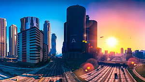 Los Santos Cityscape at Golden Hour in GTA 5 with Dramatic Skyline and Sun Flare HD wallpaper