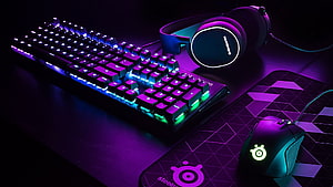 SteelSeries RGB Gaming Setup with Mechanical Keyboard, Mouse, and Headphones HD wallpaper