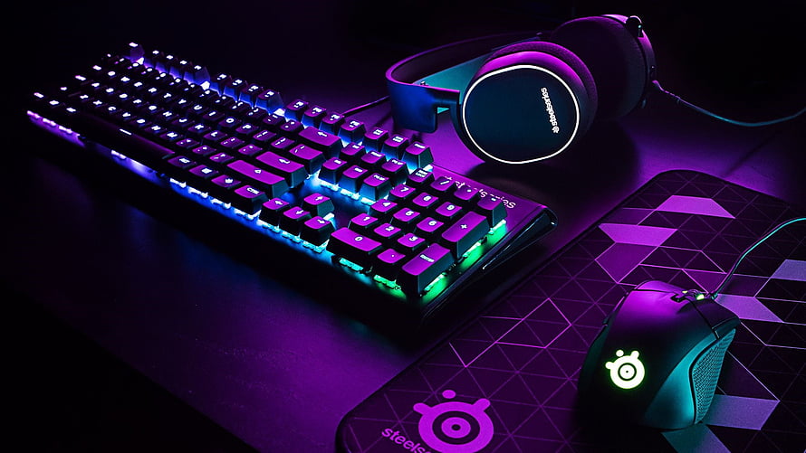 SteelSeries RGB Gaming Setup with Mechanical Keyboard, Mouse, and Headphones HD wallpaper