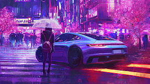 Cyberpunk Rainy Night Cityscape with Neon Lights and Sports Car HD wallpaper
