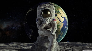 Astronaut Sitting on Lunar Rock with Earth Rising in the Background HD wallpaper