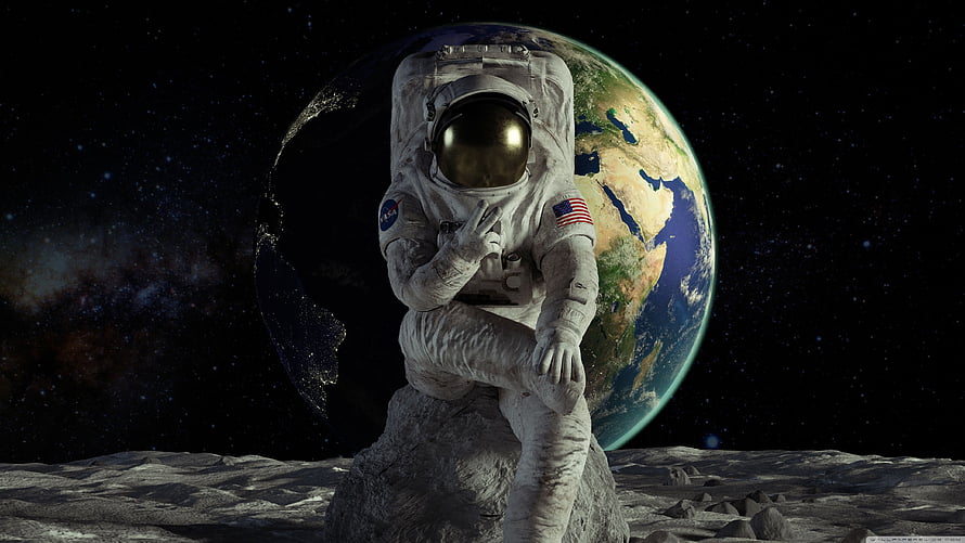 Astronaut Sitting on Lunar Rock with Earth Rising in the Background HD wallpaper