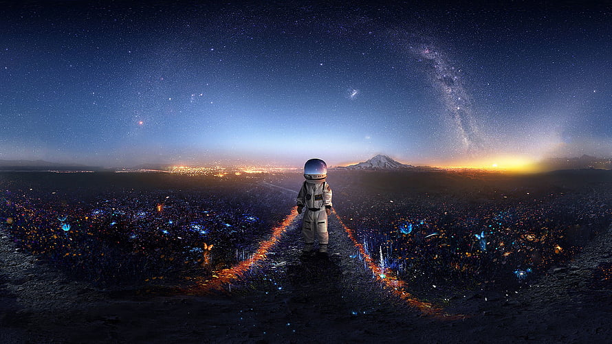 Lone Astronaut Standing on a Glowing Path Beneath the Milky Way and Distant City Lights HD wallpaper