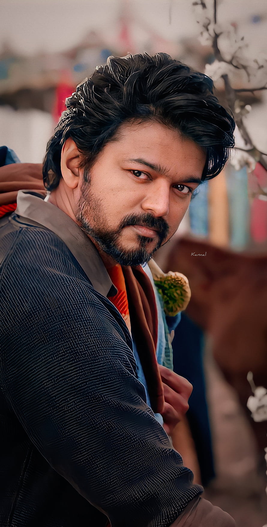 Vijay Sethupathi intense close-up portrait with textured jacket and scarf HD phone wallpaper