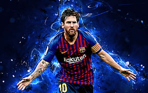 Lionel Messi in Barcelona Kit with Electric Blue Energy Burst and Dynamic Artistic Effects HD wallpaper