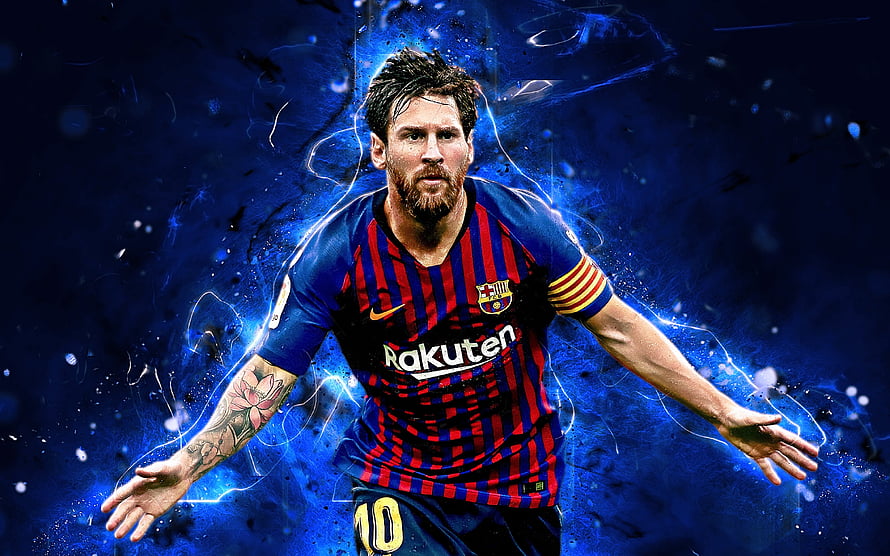 Lionel Messi in Barcelona Kit with Electric Blue Energy Burst and Dynamic Artistic Effects HD wallpaper