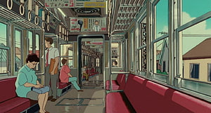 Studio Ghibli Train Interior Scene with Commuters and Suburban View HD wallpaper