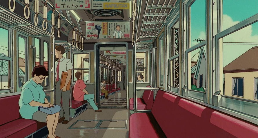 Studio Ghibli Train Interior Scene with Commuters and Suburban View HD wallpaper