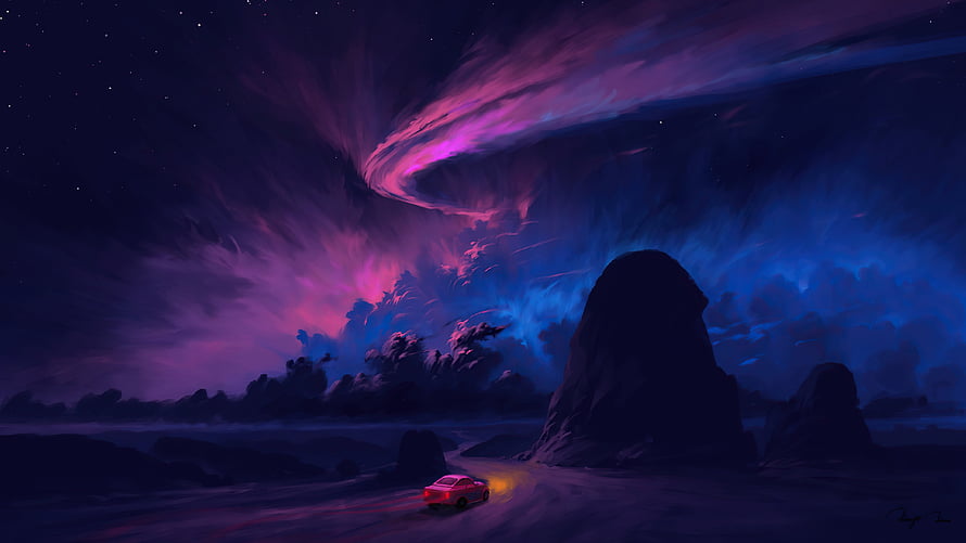 Lone Car Driving on Desert Road Under Swirling Purple and Blue Aurora Borealis Night Sky HD wallpaper