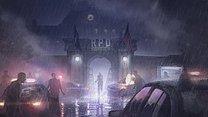 Resident Evil 2 Remake Raccoon City Police Department Rainy Night Scene HD wallpaper
