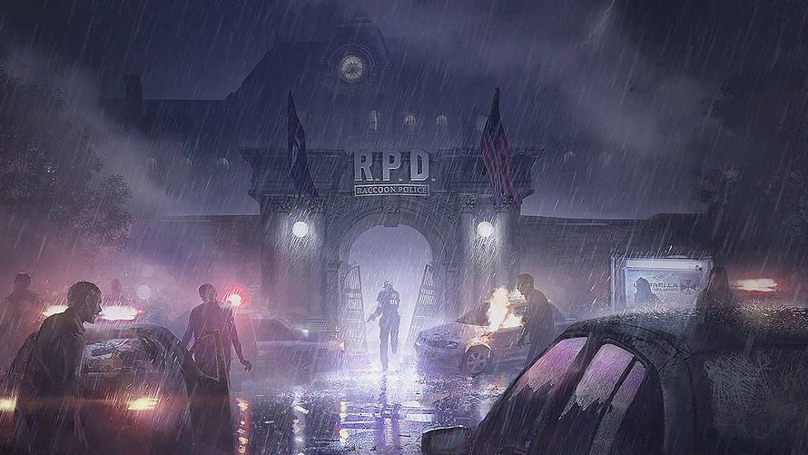 Resident Evil 2 Remake Raccoon City Police Department Rainy Night Scene HD wallpaper