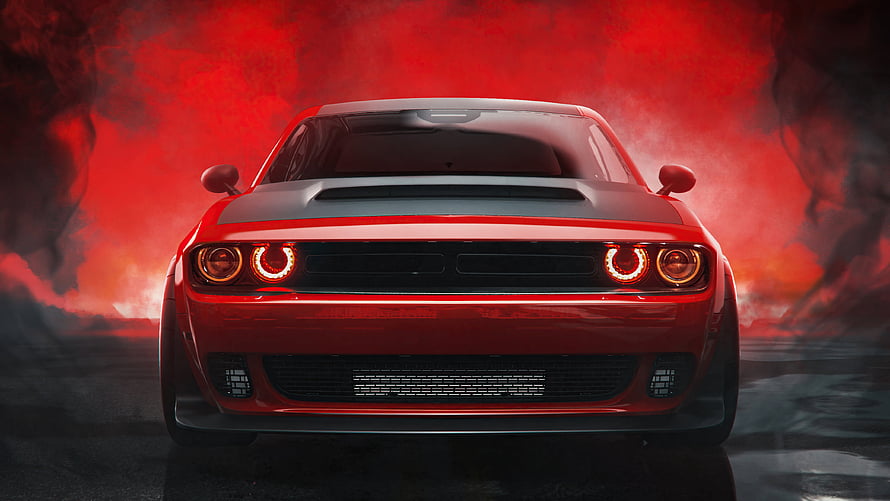 Red Dodge Challenger Hellcat Front View With Red Smoke Background HD wallpaper