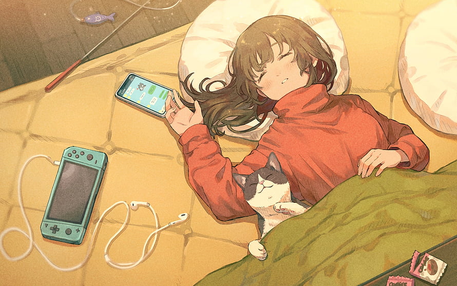 Cozy Anime Girl Sleeping with Cat and Nintendo Switch on Tatami Mat HD wallpaper