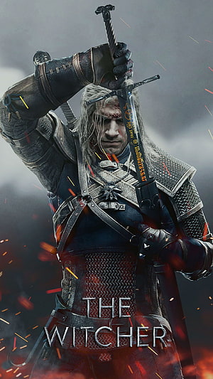 Geralt of Rivia from The Witcher holding his silver sword in dark armor with embers and smoke HD phone wallpaper