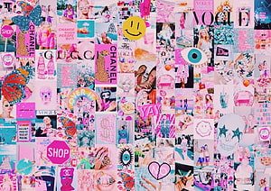 Pink Preppy Aesthetic Collage with Vogue Chanel Gucci and Butterfly Motifs HD wallpaper