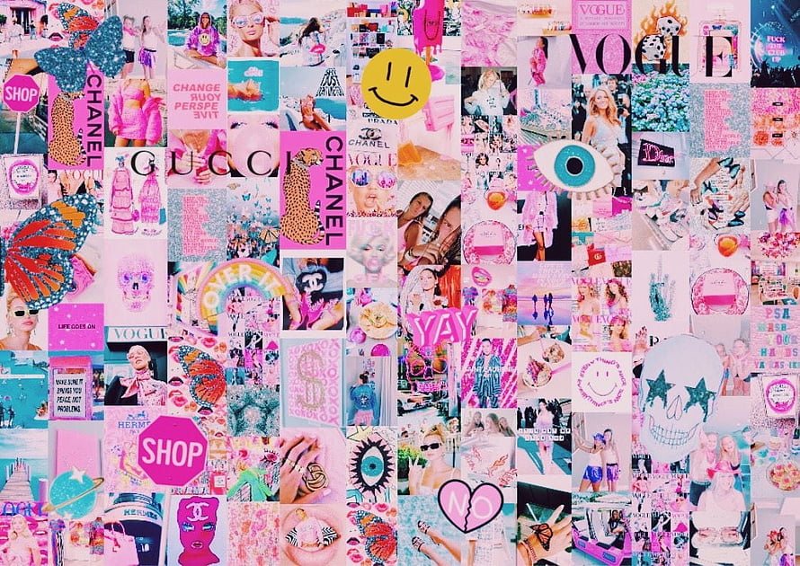 Pink Preppy Aesthetic Collage with Vogue Chanel Gucci and Butterfly Motifs HD wallpaper