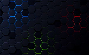 Dark Hexagonal Grid Pattern With Glowing Neon Blue Red And Green Lines HD wallpaper