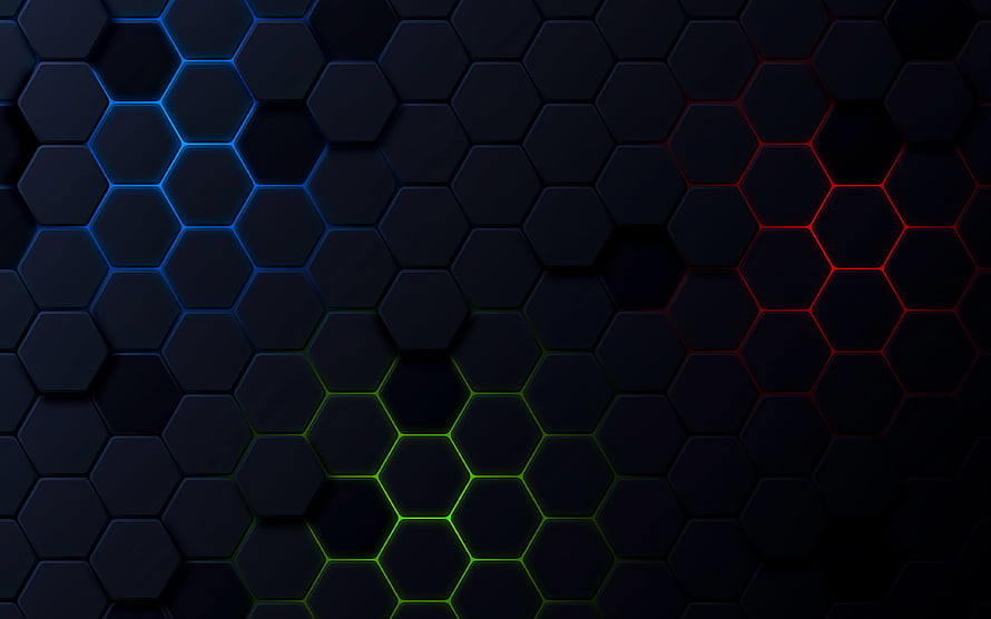 Dark Hexagonal Grid Pattern With Glowing Neon Blue Red And Green Lines HD wallpaper